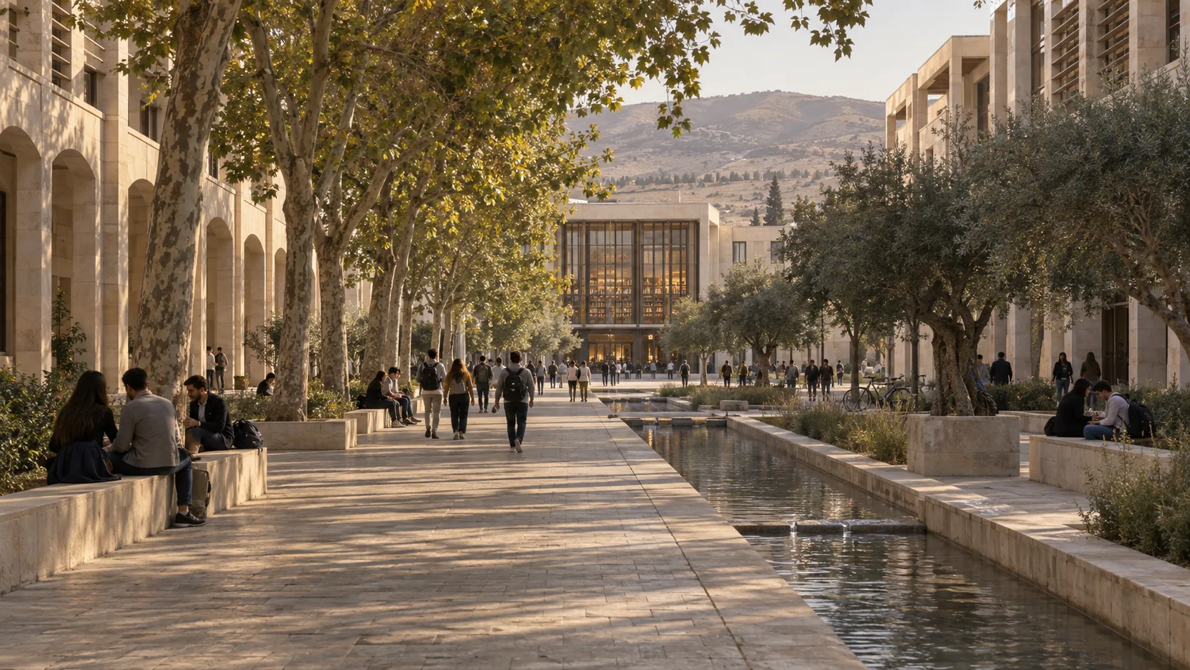El recorrido que une las facultades: la sombra, el agua, los bancos de piedra y la biblioteca al final.