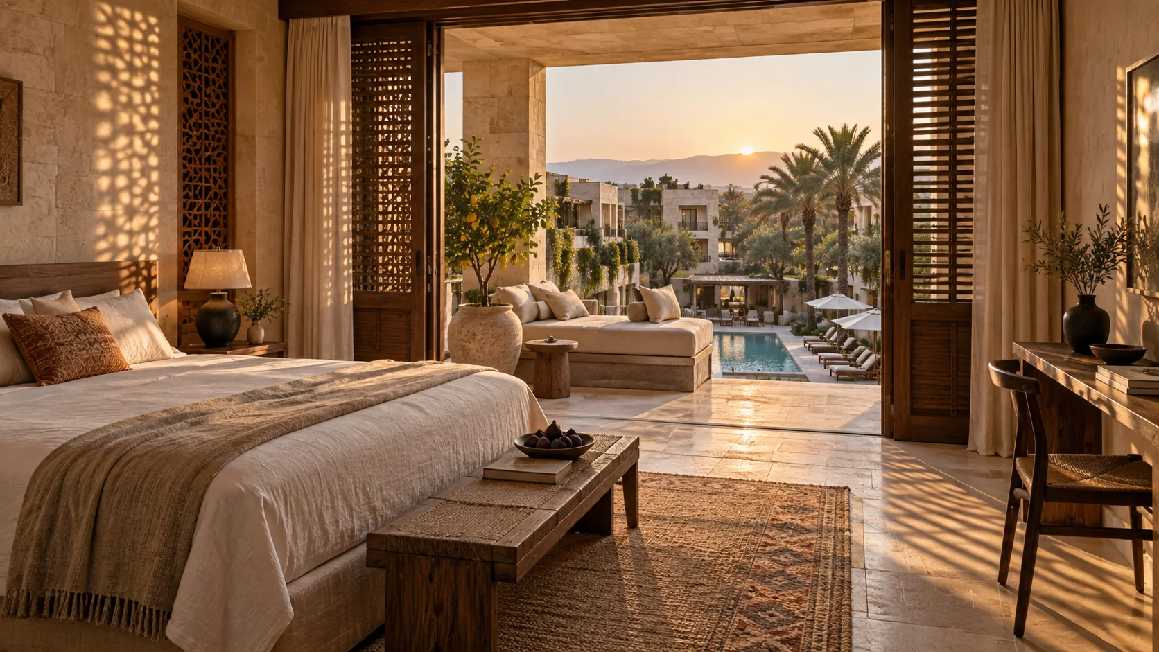 Cada llave se abre por una logia al patio — el estándar sobre el que se construye el resort.