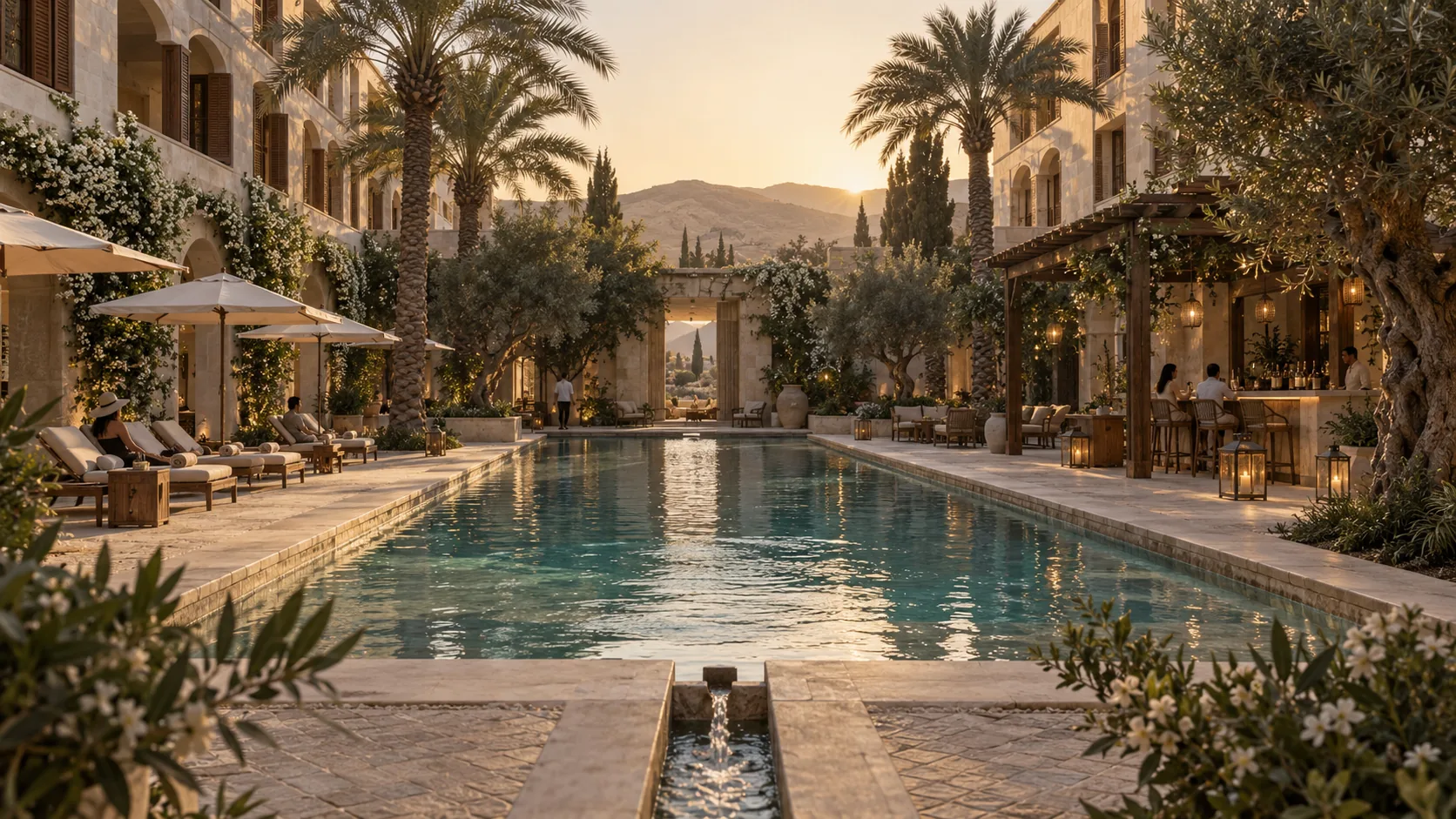 El corazón del resort: la piscina, las palmeras, el bar bajo la pérgola y todas las habitaciones mirando adentro.
