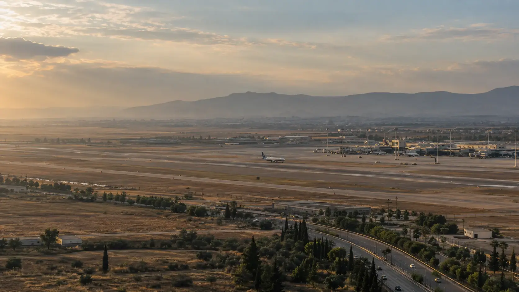 Aeropuerto Internacional de Damasco, Siria — terminal y pista en el corredor que sirve a la Propiedad n.º 14