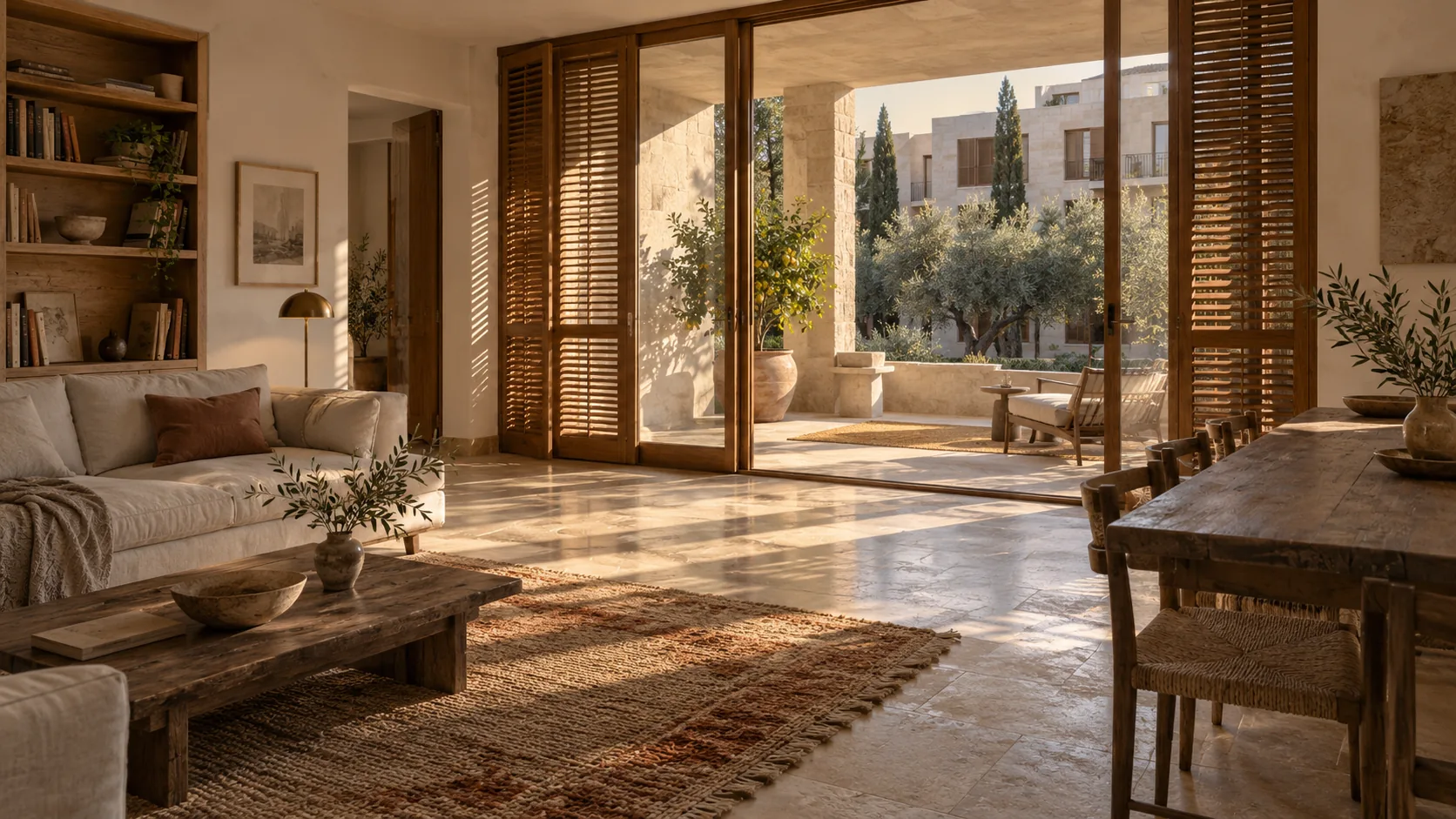 Piedra, madera y sombra; cada salón se abre por una logia a su patio.