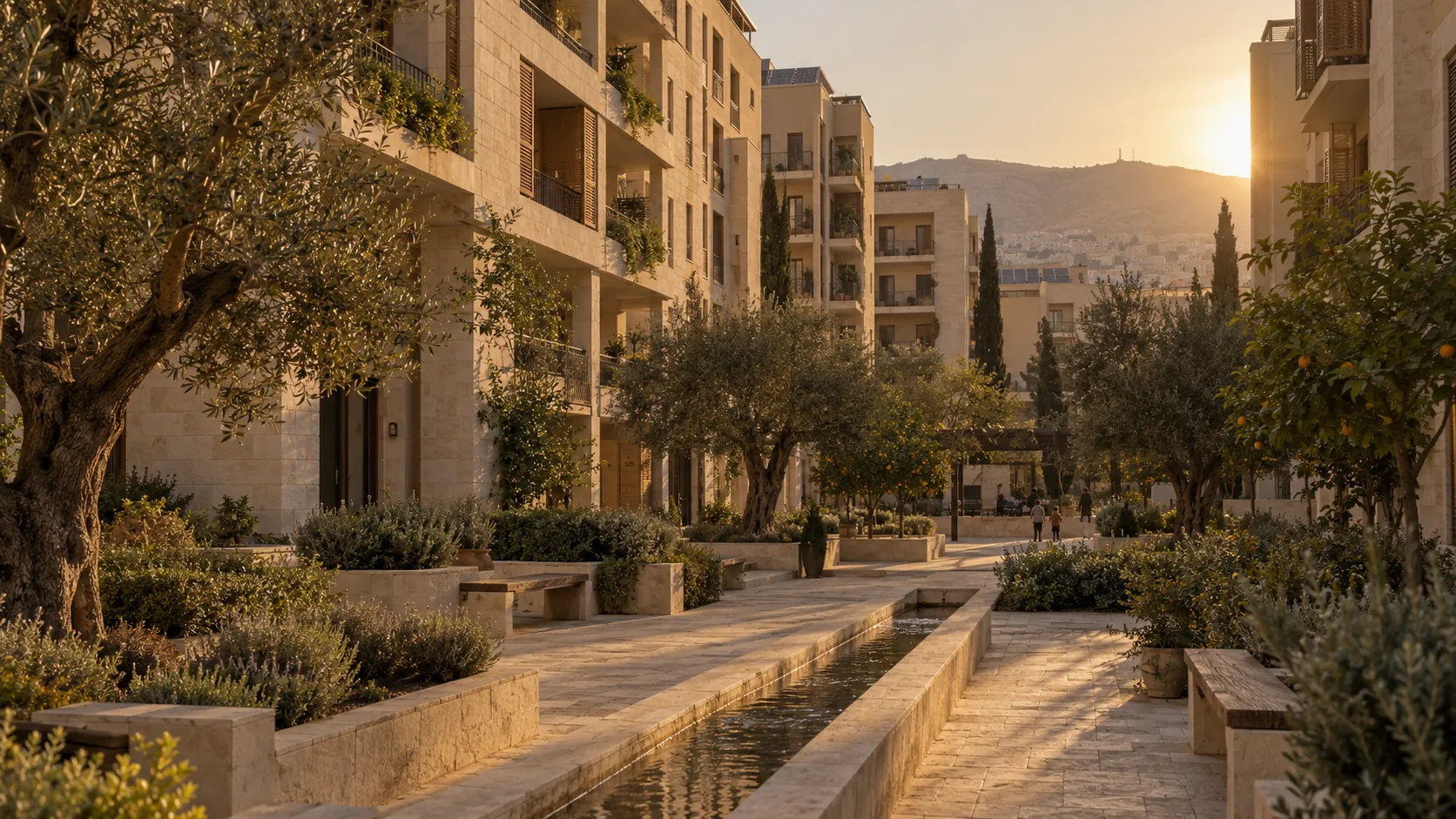 Cada manzana encierra su jardín sombreado; el agua y los árboles hacen el trabajo de refrescar.