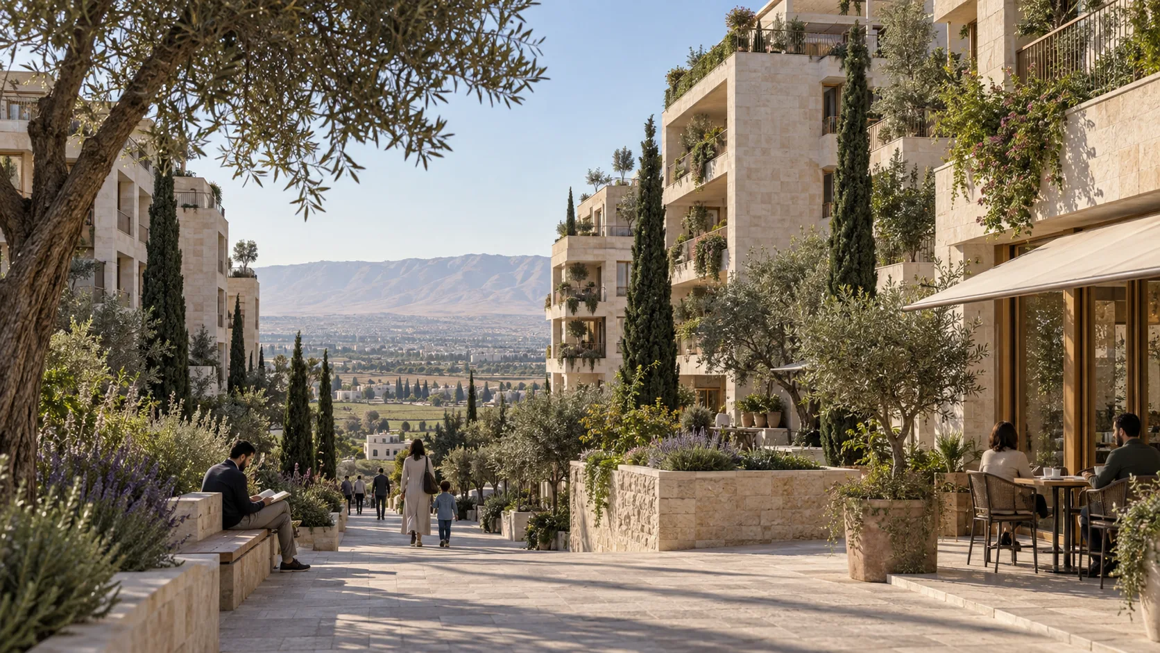 La calle-jardín que une los siete patios: la sombra, un café y el colegio al final del paseo.
