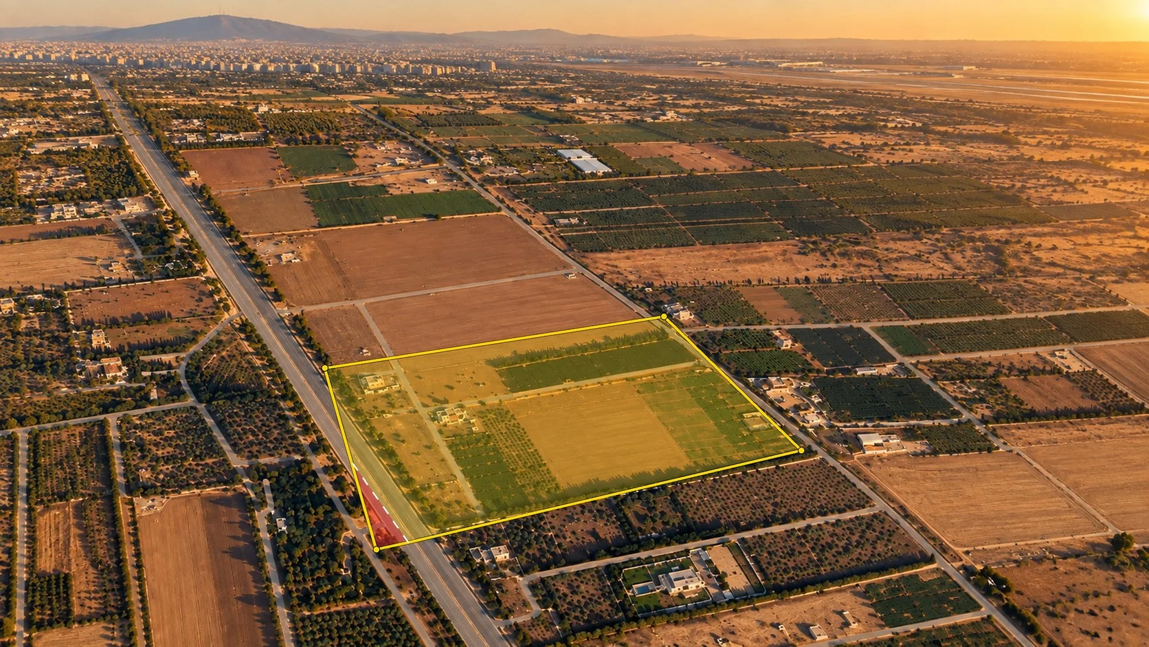 Vista aérea anotada del terreno de la Propiedad n.º 14 junto al corredor de la autopista del aeropuerto de Damasco