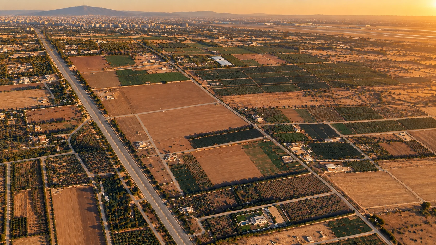 Vista aérea de la Propiedad PETRA n.º 14 — 103.066 m² de terreno registrado en el corredor del Aeropuerto Internacional de Damasco, Damasco Rural, Siria